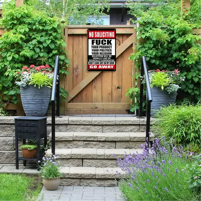No Soliciting "F" Your Products Go Away Own Risk Sign