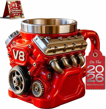 Retro Engine Coffee Mug, V8 Engines Stainless Steel Cup, Personalized Double Wall Insulation Car Mug with Handle Perfect for Father's Day, Christmas, Husband, Mechanic, Car Enthusiast