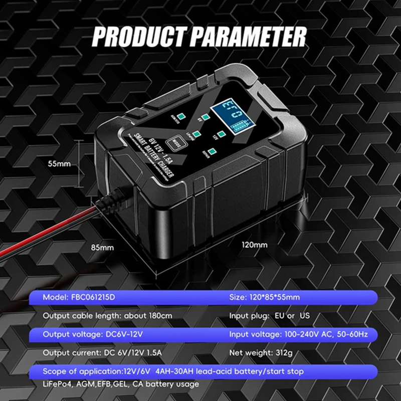 Smart Battery Charger, 6V and 12V, Battery Maintainer, For Lead-Acid & Lithium Batteries