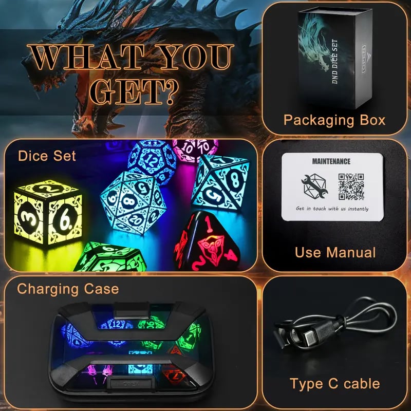 🎲Dreamy Dice for Gamers – Rechargeable RGB Light-Up DND Dice Set