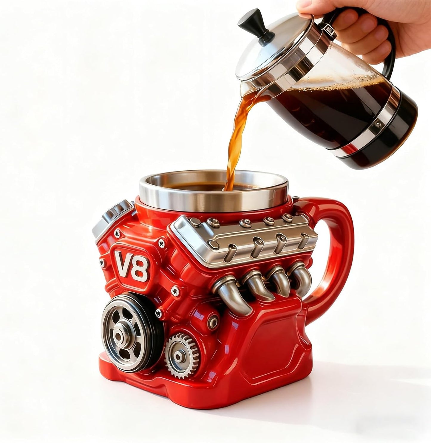 Retro Engine Coffee Mug, V8 Engines Stainless Steel Cup, Personalized Double Wall Insulation Car Mug with Handle Perfect for Father's Day, Christmas, Husband, Mechanic, Car Enthusiast