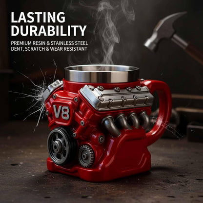 Retro Engine Coffee Mug, V8 Engines Stainless Steel Cup, Personalized Double Wall Insulation Car Mug with Handle Perfect for Father's Day, Christmas, Husband, Mechanic, Car Enthusiast