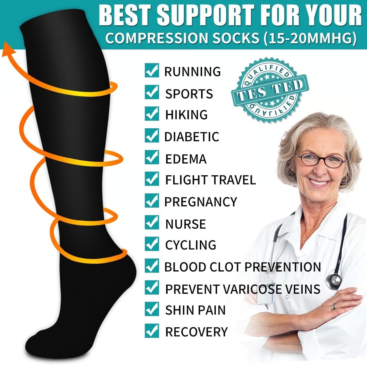 6 Pairs 15-20mmHg Graduated Support Knee High Socks