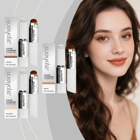 Color Changing Foundation Stick, Medium to Full Coverage Dewy Finish Base Makeup, Dual-Ended with Soft Brush for Flawless Look, Portable & Travel-Friendly