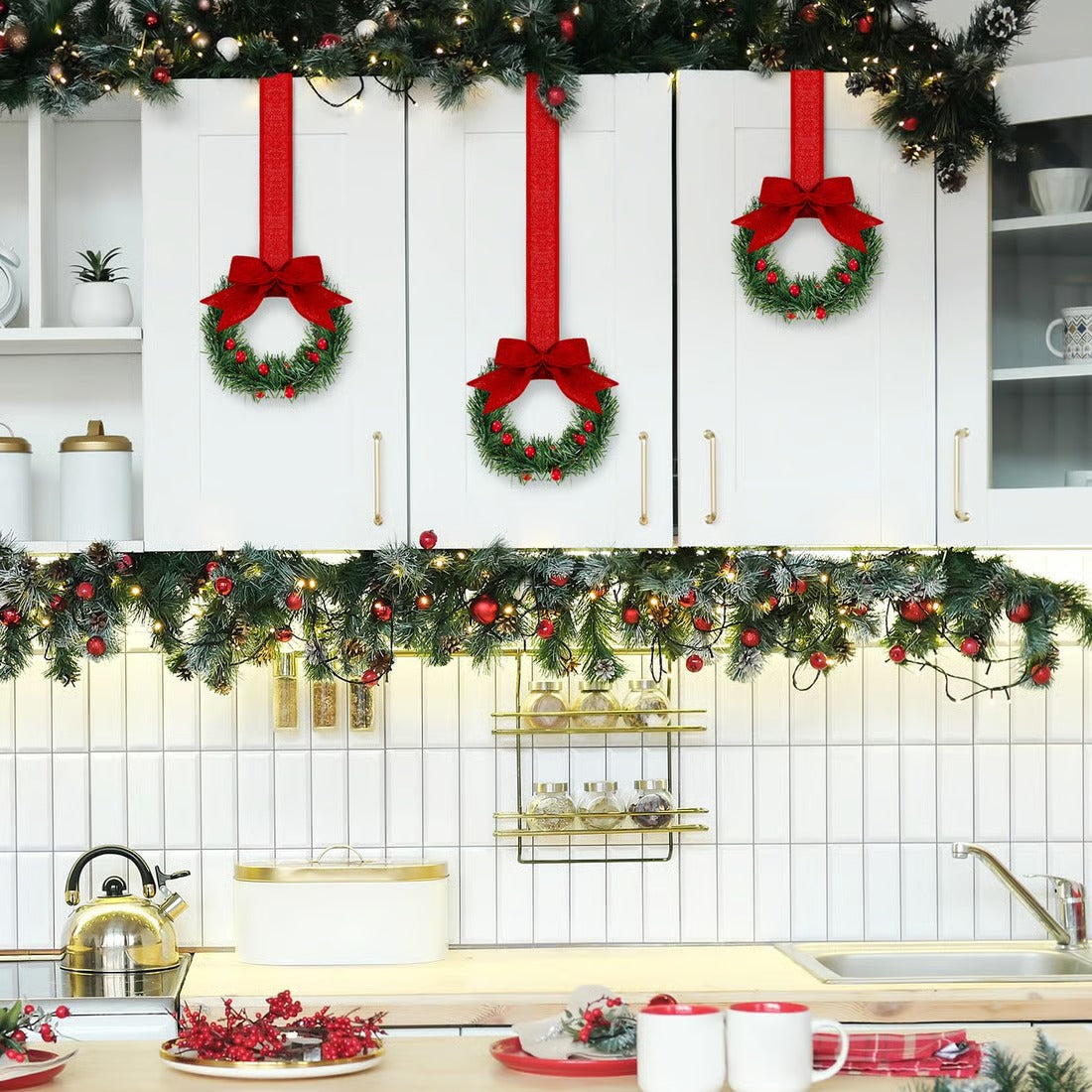 Christmas Kitchen Cabinet Wreaths with Ribbon