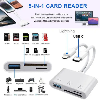 📸 5-in-1 SD Card Reader – Dual USB-C & Lightning Adapter