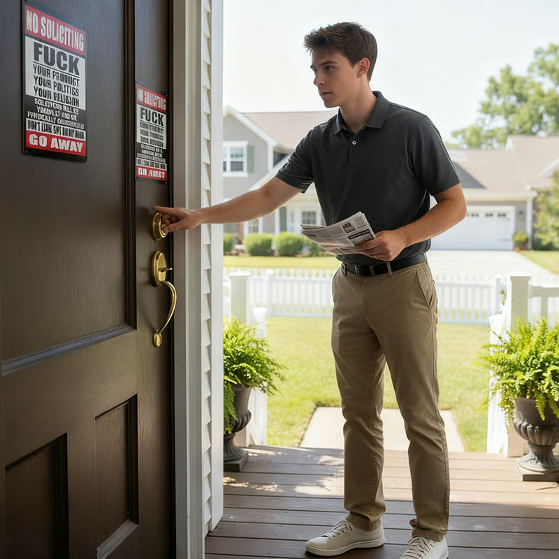 No Soliciting "F" Your Products Go Away Own Risk Sign